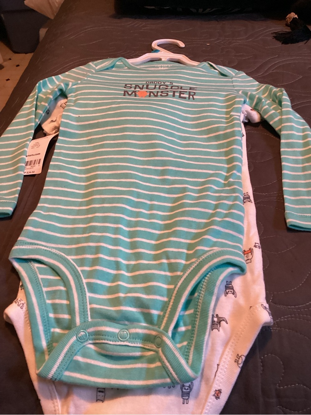 Carter's Turquoise & White Striped Snuggle Monster Bodysuit Set